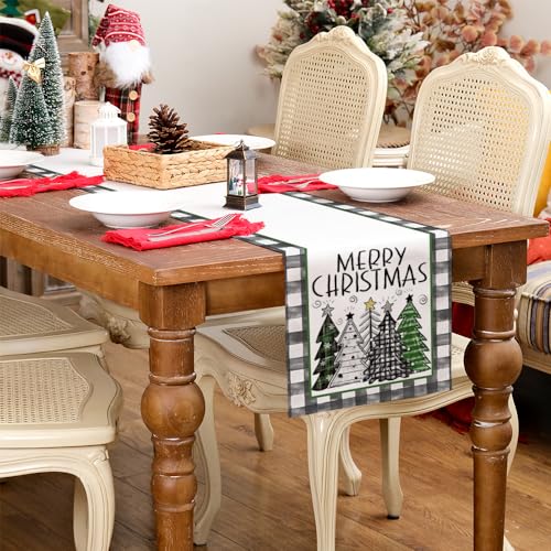 ARKENY Merry Christmas Buffalo Plaid Table Runner 13x72in - Green, Indoor/Outdoor