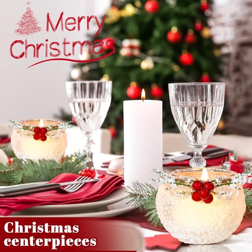 6-Piece Christmas Votive Candle Holders with Snowy Pine Leaves & Red Berries