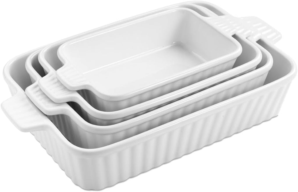 WishDeco Ceramic Casserole Dishes Set - 4-Piece White Porcelain Bakeware for Oven & Microwave | Rectangular Lasagna Pans with Handles (15''/12.4''/11''/9.6'')