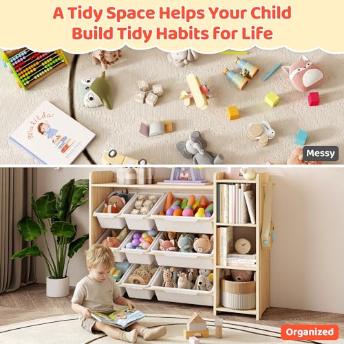 Kids Toy Storage Organizer with Bookshelf, 9 Bins and Hooks, White