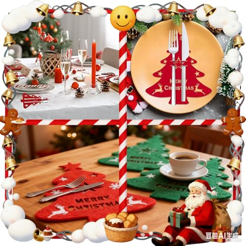 Dudodikor 4Pcs Christmas Silverware & Placemat Set Red & Green Tree Design