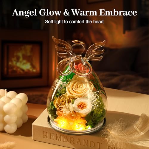 Preserved Rose in Glass Angel Figurine with LED Light - Forever Flower Gift