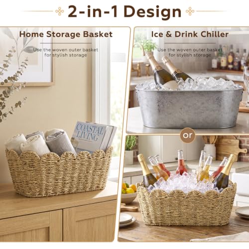 Domensi Scalloped 5 Quart Wicker Ice Bucket with Scoop & Tongs – Rustic Beverage Cooler