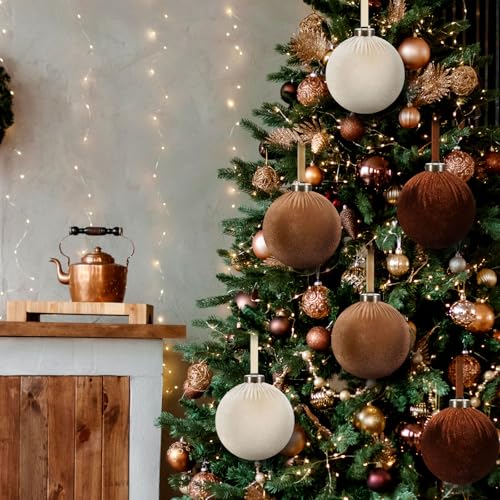 Christmas Velvet Ball Ornaments - Beige, Light Brown & Dark Brown, 4 Inches, 6 Pack