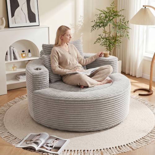 55-Inch Oversized Round Chaise Lounge Chair, Grey Corduroy Floor Sofa