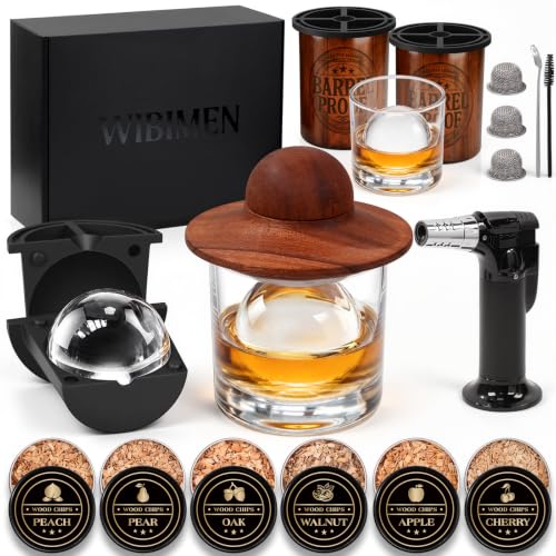 Wood Grain Whiskey Smoker Kit with Torch, 2 Clear Ice Ball Molds & Glasses