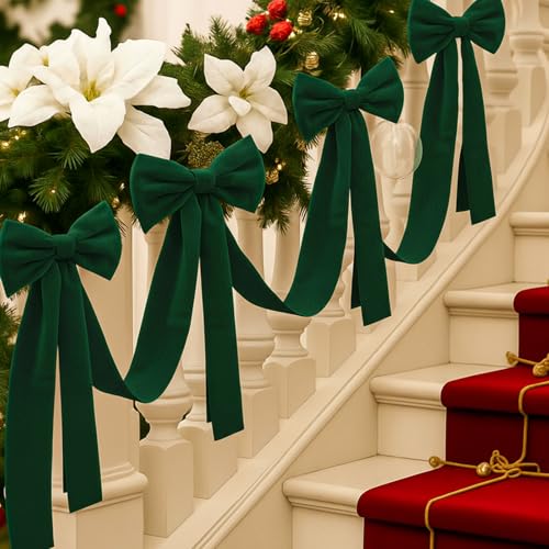 Civaner 16.4 ft Christmas Velvet Garland with 6 Large 27.5in Bows - Green