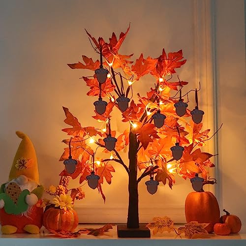 24 Inch Lighted Fall Maple Tree with 24 LEDs & 12 Wood Acorn Ornaments