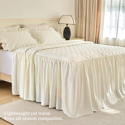 Queen Size Ruffled Bed Skirt Set with 30" Drop – Beige