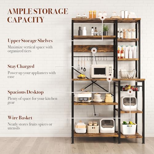 6-Tier Kitchen Bakers Rack with Power Outlet and Storage Shelves