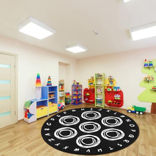 6.5ft Round Classroom Rug, Black and White Educational Alphabet Seating Carpet