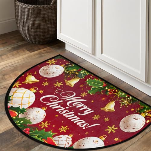 oooJHooo A-92 Merry Christmas Doormat Half-R Round Non-Slip Absorbent Entrance Mat