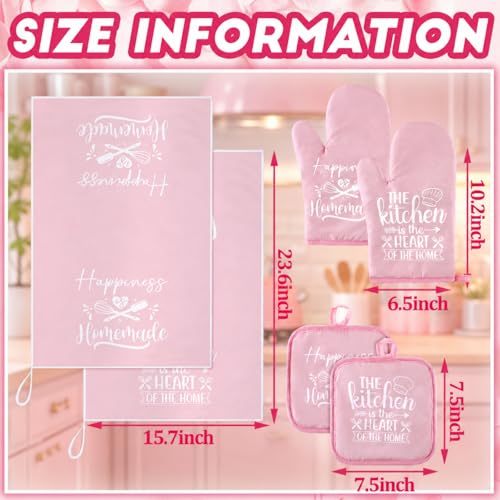 6-Piece Pink Kitchen Decor Set: Oven Mitts, Pot Holders, and Dish Towels