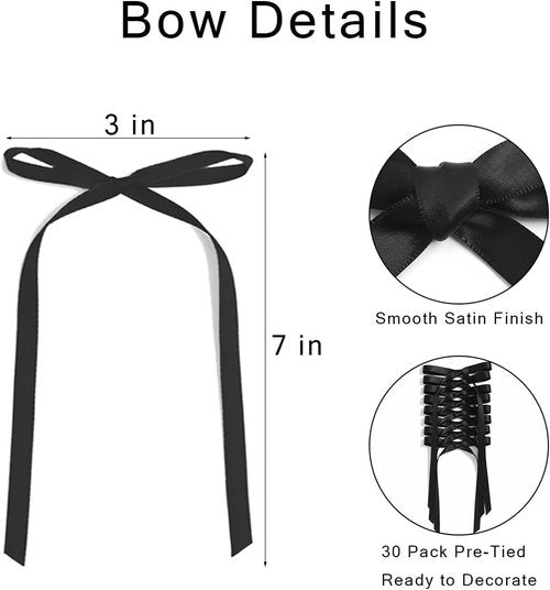 30 Pack Satin Bow Cake Decorations - Pre-Tied Ribbon Bows for Elegant Dessert Decor | Black (3.5 x 6.5 Inch)