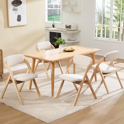 Set of 4 Wooden Folding Dining Chairs with Padded Linen Cushions, Beige