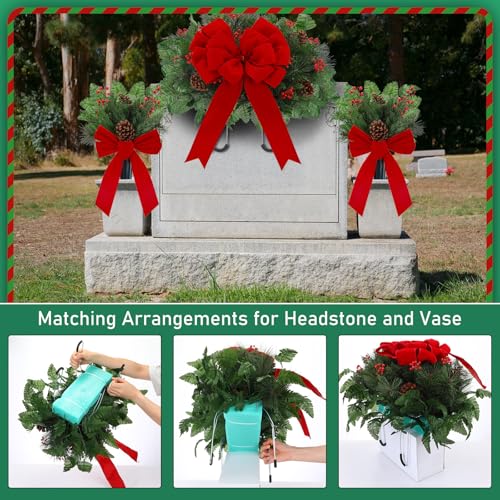 Daifunli 3-Pcs Christmas Cemetery Flowers with Red Bows Pine (Pine Variation)