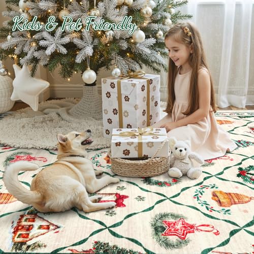 LIVEBOX 5x7 Beige Green Christmas Rug - Holiday Wreath Tree Farmhouse Decor
