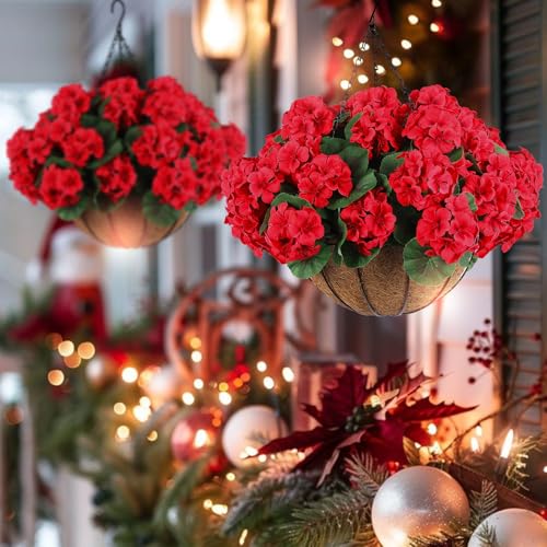 6-Piece Artificial Silk Geranium Flowers - UV Resistant Outdoor Red Faux Plants