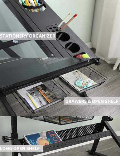 Height Adjustable Drafting Table with Stool and Tilting Glass Top