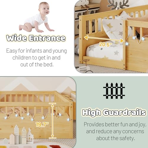 Full Size Montessori Floor Bed with Rails, LED Lights & Storage Shelf