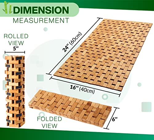 Bamboo Bath Mat, 24 x 16 Inch Foldable Roll-Up Wooden Floor Mat for Bathroom