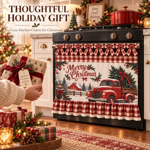 Xagahb Red Truck Christmas Oven Skirt Curtain with Tie Top Farmhouse Decor