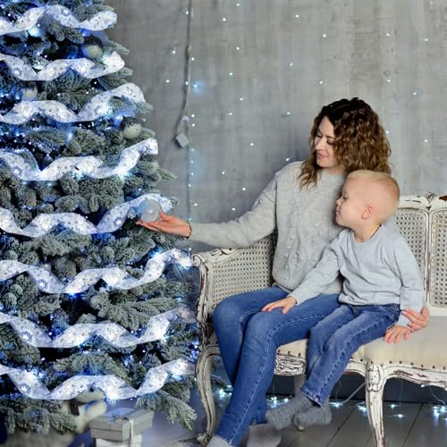 Ouddy Life Silver-White 32ft Christmas Ribbon Fairy Lights 100 LED for Tree & Holiday Decor