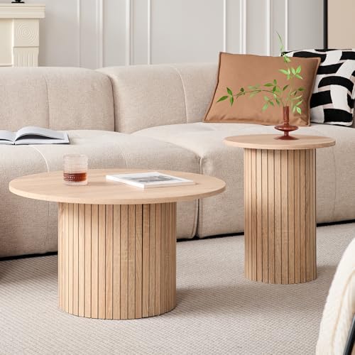Set of 2 Round Nesting Coffee Tables with Fluted Drum Base, Wood Grain
