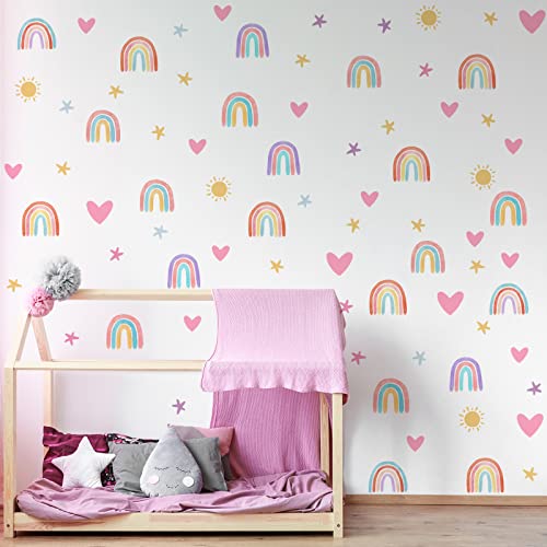 Rainbow Wall Decals for Kids Room - Removable Vinyl Stickers with Hearts Stars