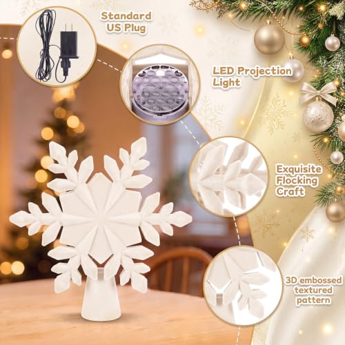 Seenelling Cream Velvet Christmas Tree Topper with LED Snowflake Projection - White