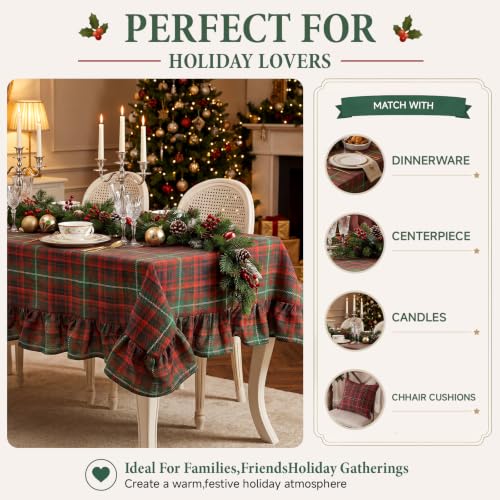 Green Christmas Plaid Ruffled Tablecloth 52x70 Inch for Holiday Dining - Mindsoft