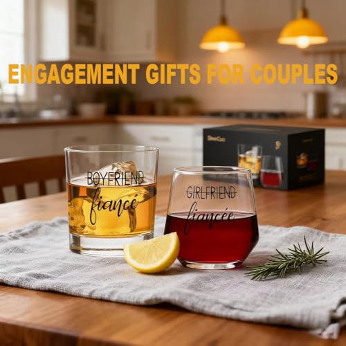DeeCoo Engagement Gift Set for Couples Whiskey & Wine Glasses - Fiancee & His & Hers Celebration Gift
