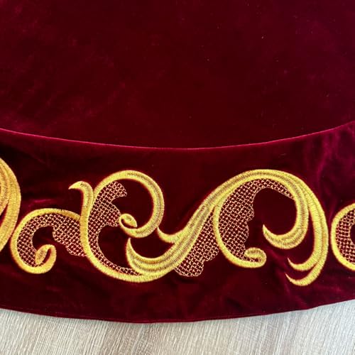 Starry Dynamo 60-Inch Burgundy Velvet Christmas Tree Skirt with Gold Swirl Embroidery