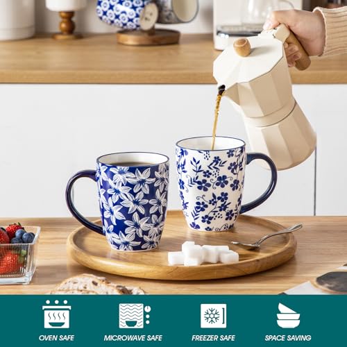 Vancasso Selene 16 Oz Blue Floral Coffee Mug Set of 6 - Large Porcelain Tea & Coffee Cups with Handle, Dishwasher & Microwave Safe