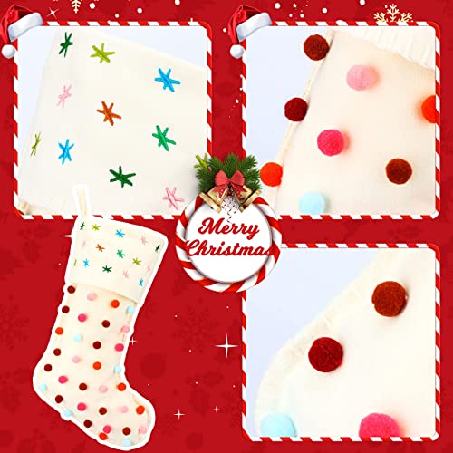 Hopearl Pom Pom Christmas Stocking - Boho Style 18'' Fireplace Sock, Cream, Style 1