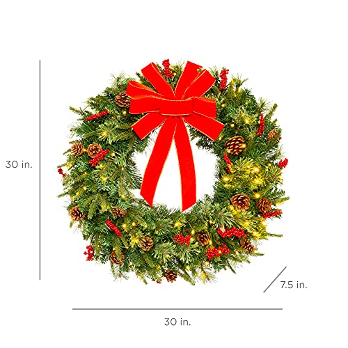 30-Inch Pre-Lit Artificial Christmas Wreath with 100 Lights and Pine Cones