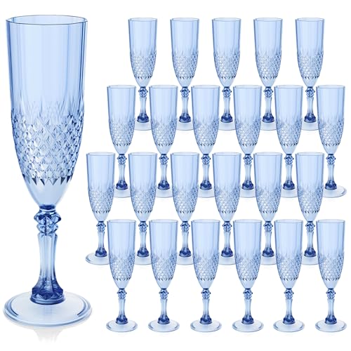Blue Plastic Champagne Flutes Set of 24 - Reusable Disposable Wine Glasses