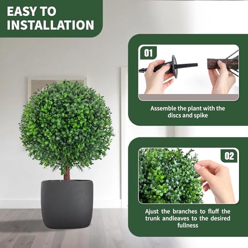 25-Inch Artificial Boxwood Topiary Ball Tree with Ground Spikes, Set of 2
