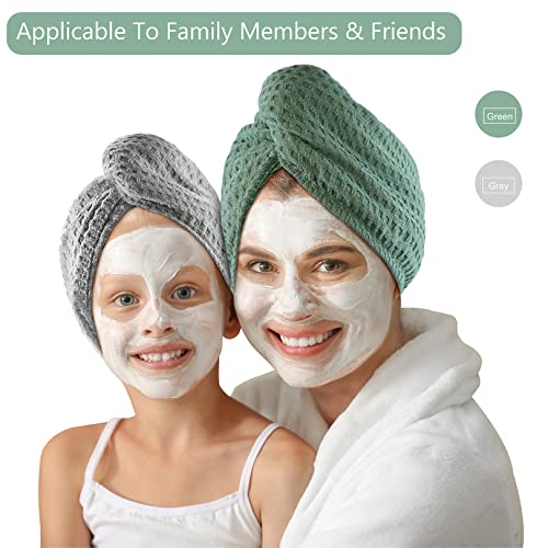 Dolwis Green Microfiber Hair Drying Towel Set - Waffle Long Hair Turban Wraps, 2 Pack