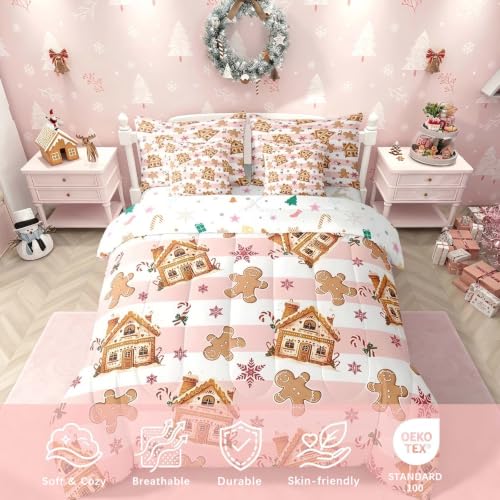 Feelyou Pink Gingerbread Man Comforter Set with Sheets 7-Piece Full kids bedding beige/pink