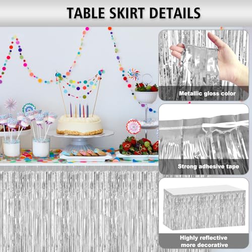 2-Pack Silver Foil Fringe Table Skirts - 29.5 x 108 Inch Disposable Decor