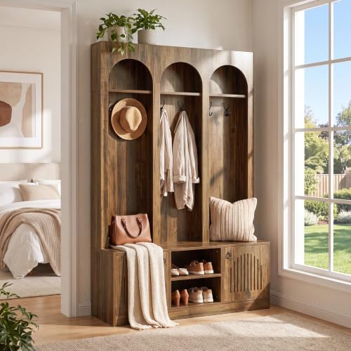 Farmhouse Rustic Entryway Coat Rack & Shoe Storage Bench - 71" Hall Tree