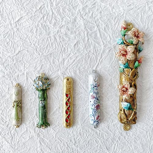 9.5-Inch Hand-Painted Metal Mezuzah with Pomegranate Flower and Scroll