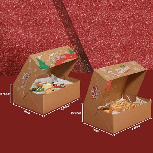 YEKTFS 12-Pack Christmas Cookie Tins with Window, 8.25x6x2.75 in Large Brown Gift Boxes with Lids - Cardboard