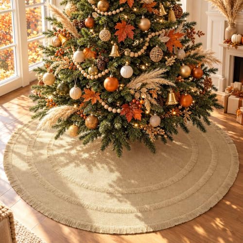 Yuboo 48 Inch Burlap Christmas Tree Skirt with Tassel (Fall) - Rustic 3-Layer 48in