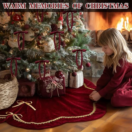 Red Velvet Christmas Tree Skirt with Scalloped Edge & Gold Lace Trim, 48 Inch