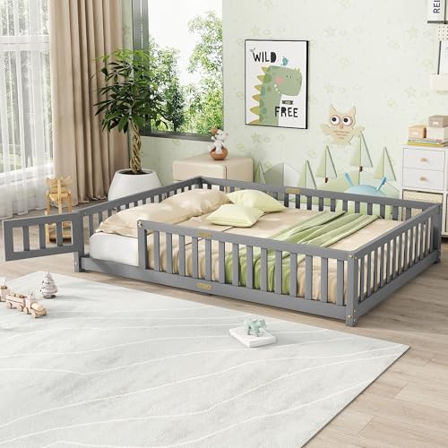 Full Size Montessori Floor Bed with Guardrails and Door, Kids Wood Bed Frame