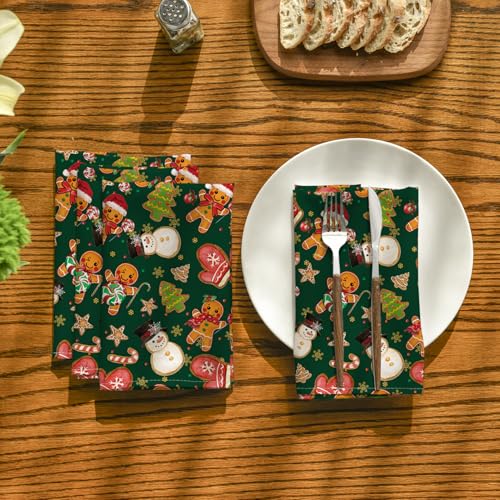 Horaldaily 18 x 18 Inch Gingerbread Napkins Set of 8 - Reusable Green Holiday Table Linen
