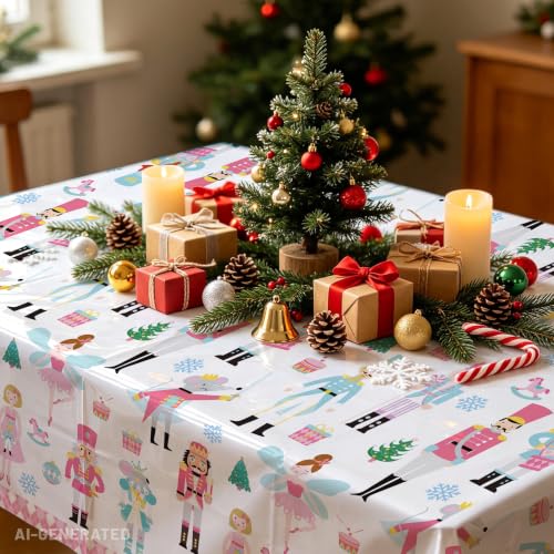 Pink Nutcracker Christmas Tablecloth Set - 2 Pieces for Holiday & Ballet Parties