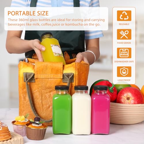 AuroTrends 12 oz Glass Bottles with Lids 6Pack, 360ml Glass Bottles for Juicing, Water, Kombucha - Portable Juicing Bottles Reusable for Juice/Coffee/Milk/Kombucha Storage